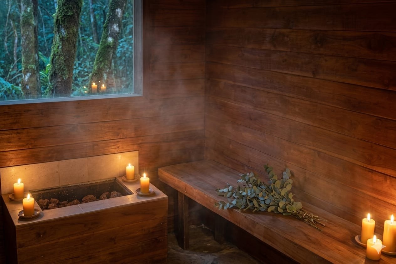 Steam rising from the eucalyptus sauna